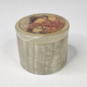 Vintage Edna Hibel Marble Carved Round Trinket Ring Box Holder Collectible
